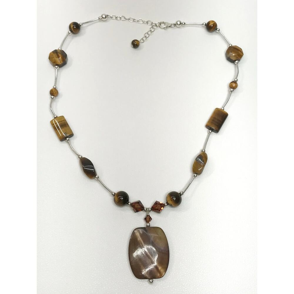 925 Sterling Silver Tube Beaded Chain Necklace MOP Faceted Tigers Eye Crystal